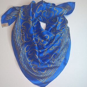 Vintage Silk Anne Klein Cobalt Blue and Gold Chain Sequins Pattern Scarf 30x30"